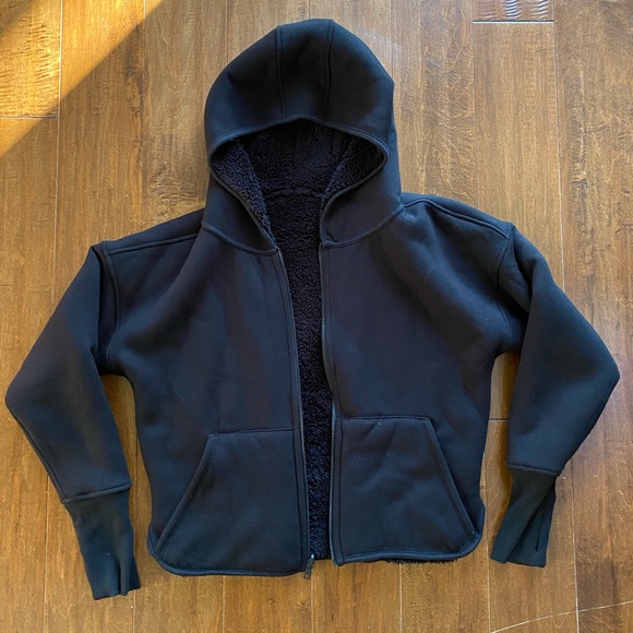 Athleta Black Sherpa Reversible Hoodie Jacket Sz S - Picture 3 of 10